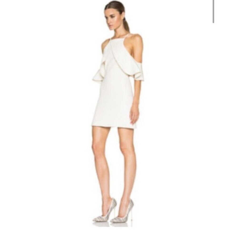 David Koma Women's Dress White Cream Mini Cold Shoulder Leather Trim Size 8